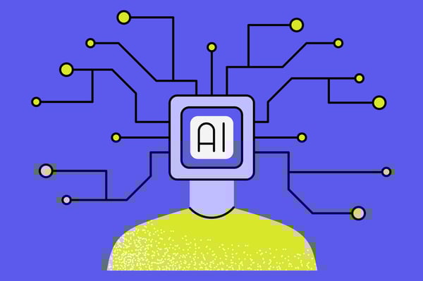 Illustration of a main with AI chip head representing artificial intelligence.