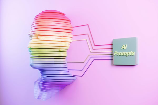 Multi-collared cyborg head avatar with lines connecting it to the words AI prompt