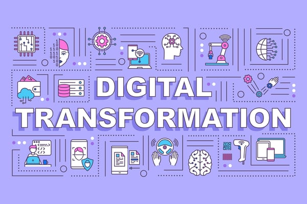 The words Digital Transformation with icons that represent the integration of artifiicial intelligence