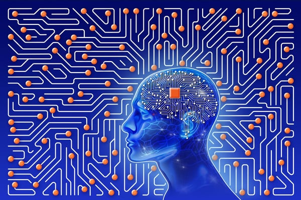 Description Human head with circuit board of artificial intelligence illustration on blue background