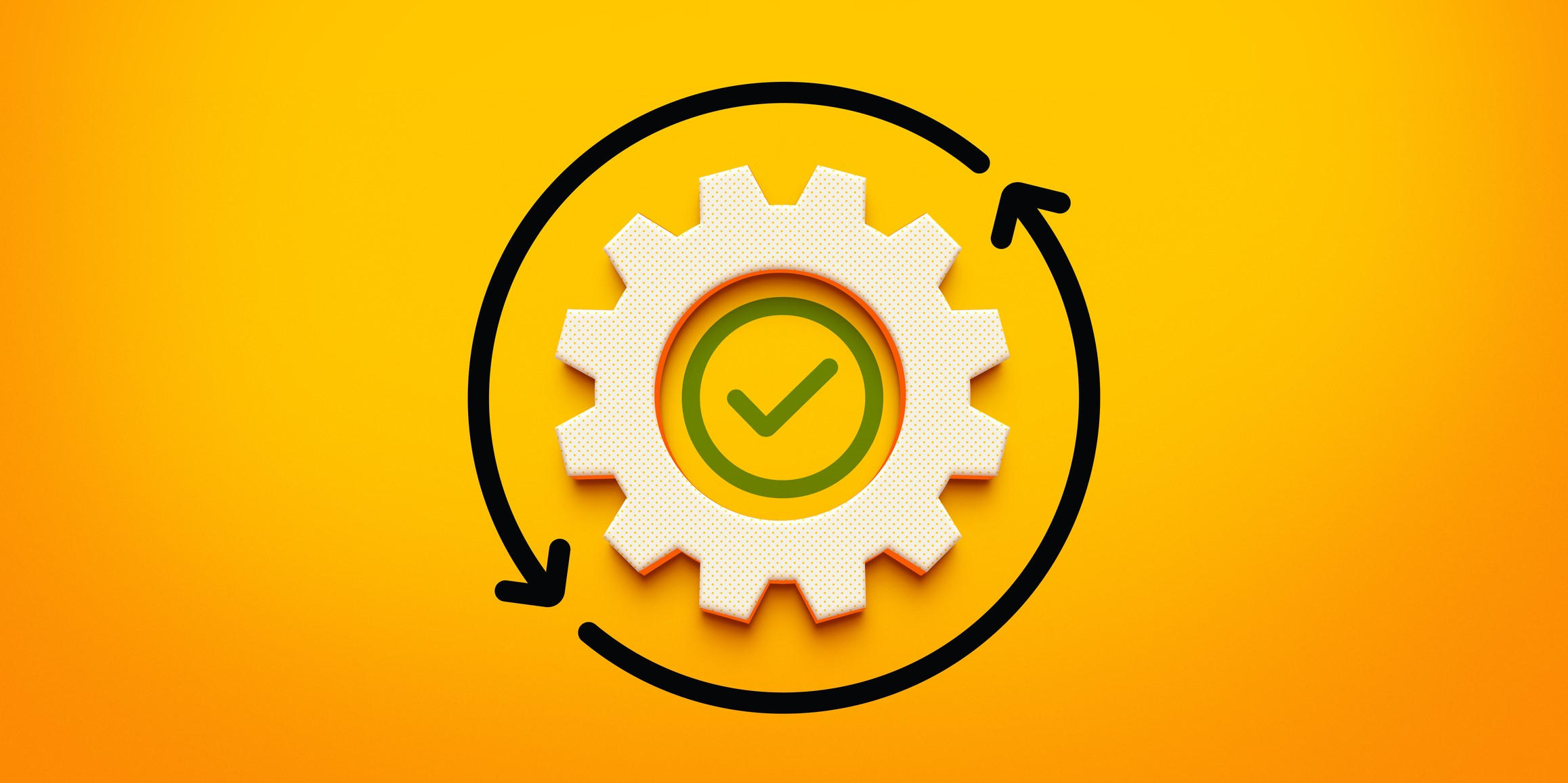 Wooden gear with a check mark in the middle encircled by two black arrows