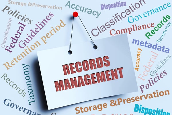 Collage of words that are elements of records management like retention period and metadata 