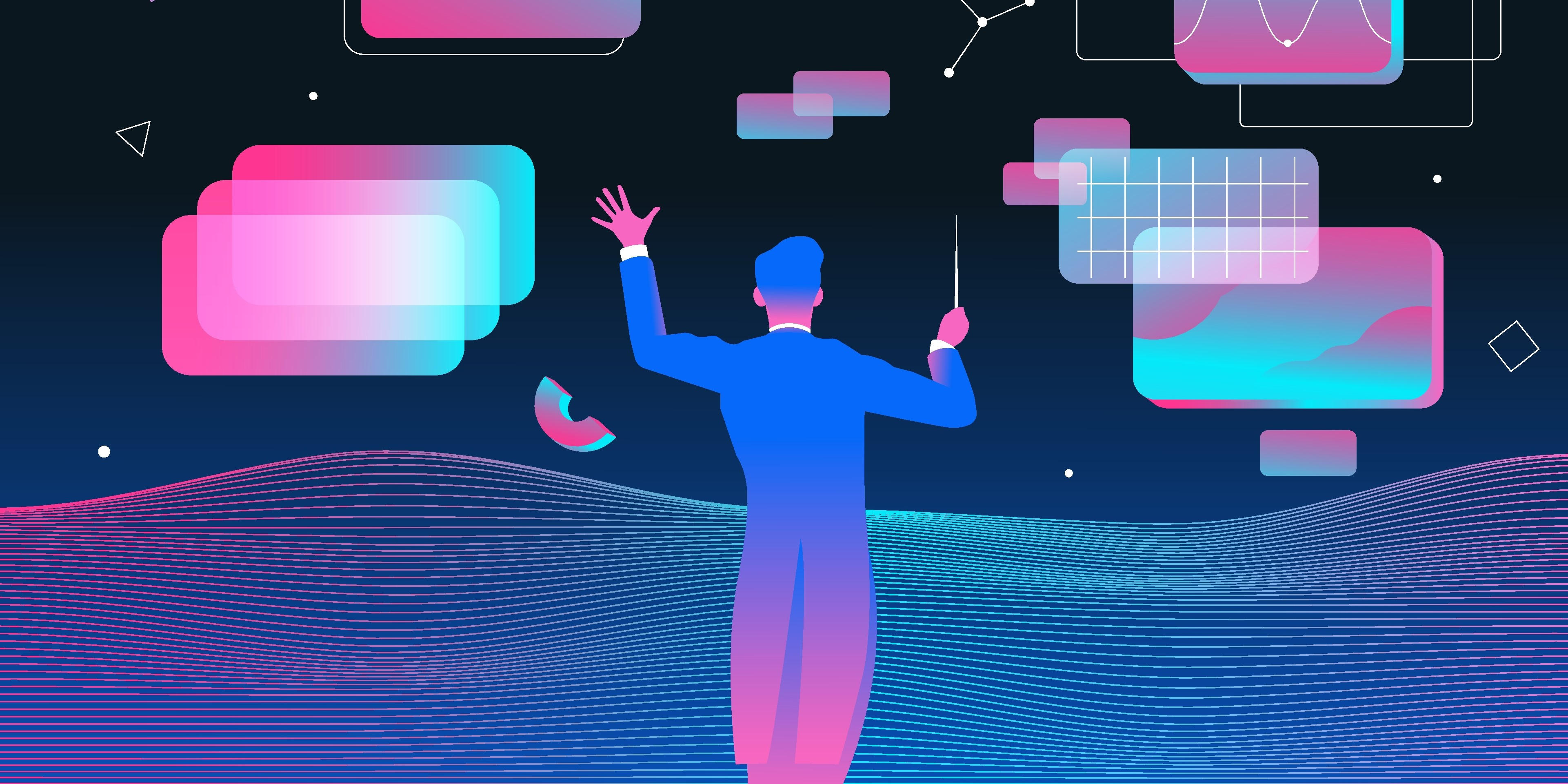 Conductor managing digital screens that symbolize advances in artificial intelligence and other innovative technology.