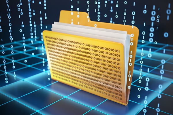 A yellow folder filled with pages of binary code stands out against a blue grid background.