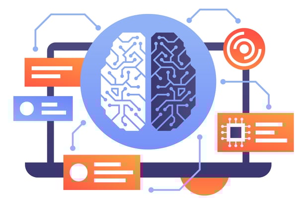 Illustration of a brain on a laptop surrounded by symbols of artificial intellignence