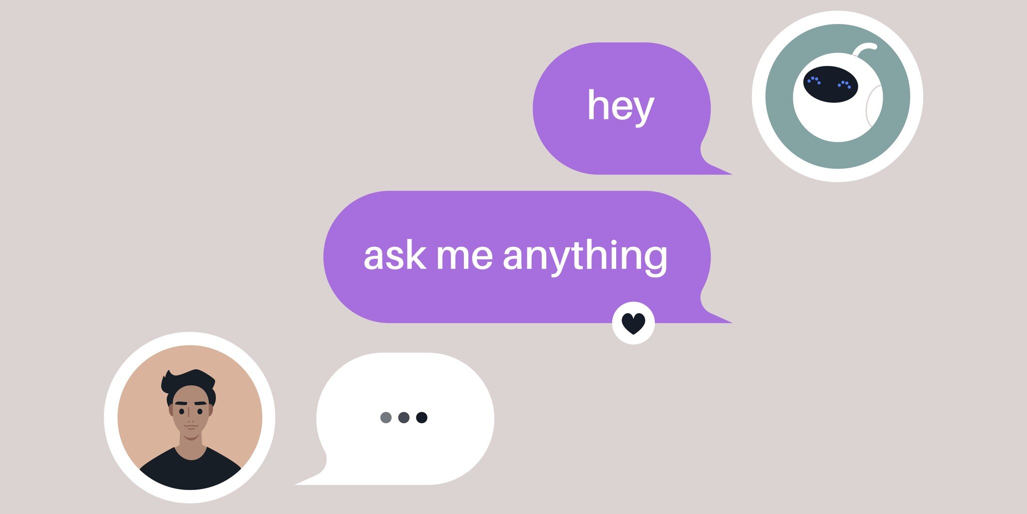 The illustration shows an interaction With a Virtual Assistant. It represents casual conversation initiates with a friendly AI prompt  
