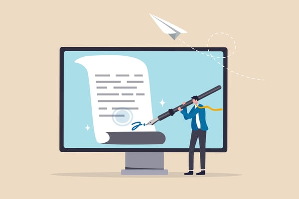 Cartoon illustration of man signing document on a computer monitor