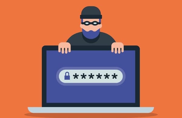 Cartoon of man at computer orange background