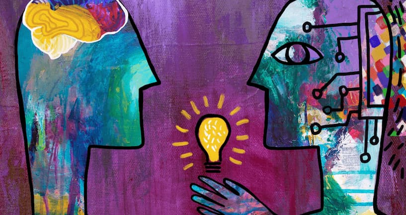 Colorful drawing of human and man representing AI sharing an idea (1)