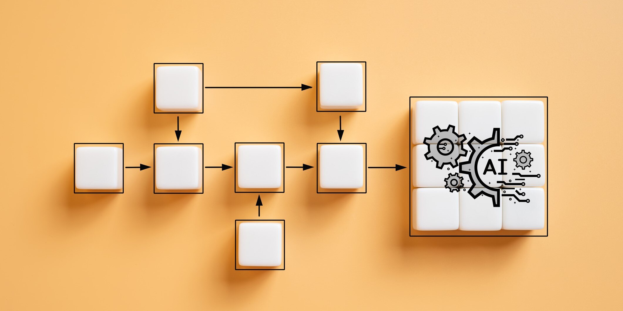 Cubes made of blocks of wood make up a workflow diagram. An arrow points to the letters AI on another block
