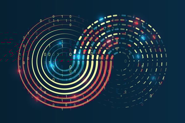 Data stream in the form of an array of circles and binary code rectangular