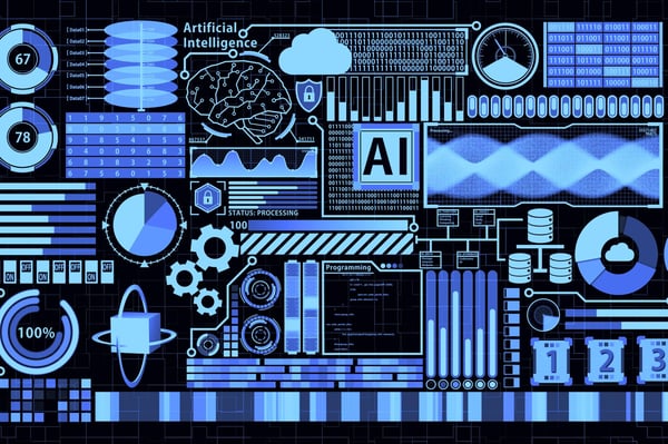 Light and medium blue images of a digital brain, cloud computing, database, coding and other digital elements on a dark blue background