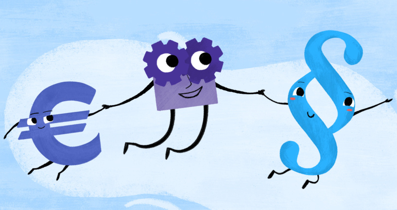 Euro-, Paragraphen- und Automatisierungsfiguren halten sich an den Händen