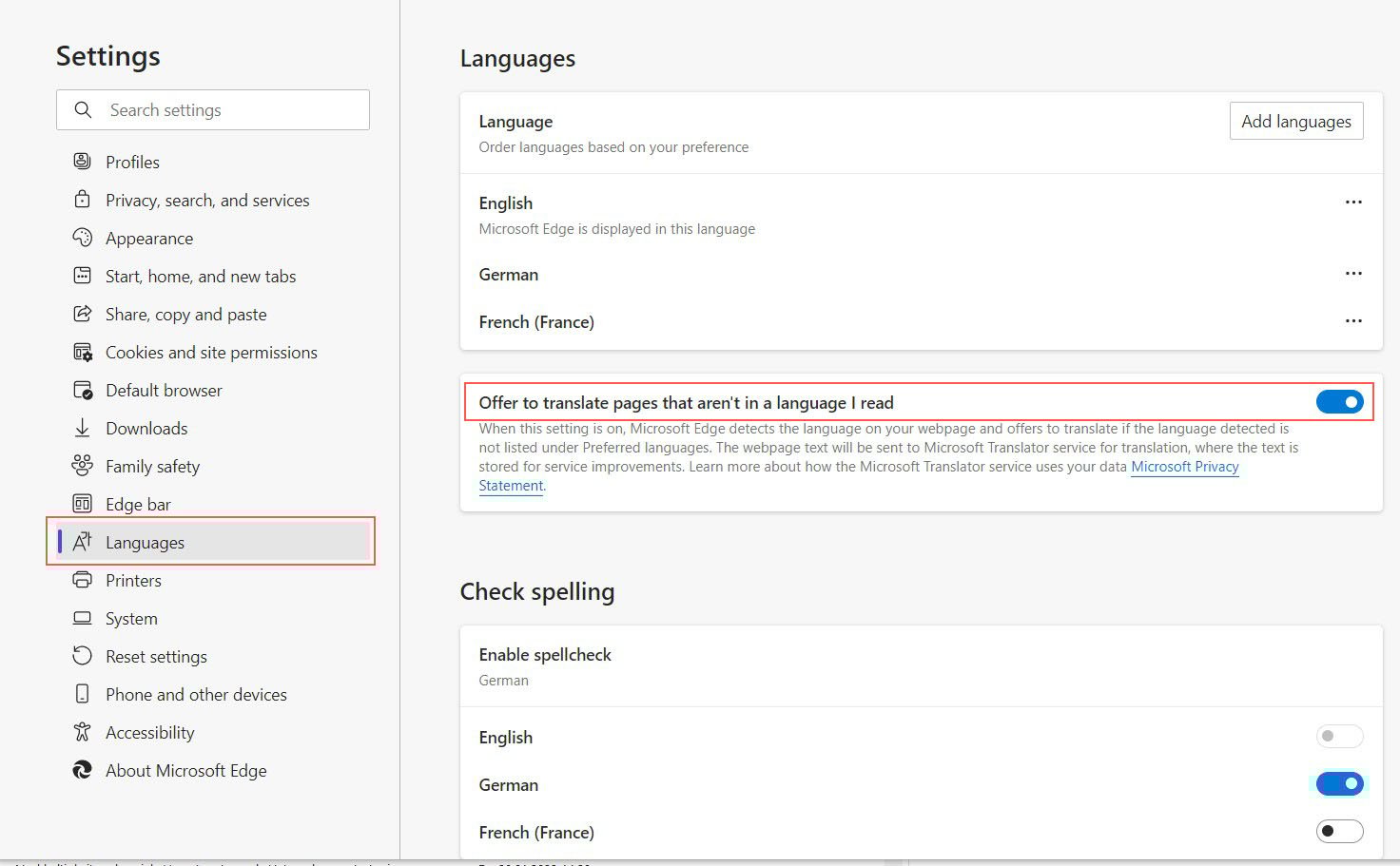 Language Options in Microsoft Edge