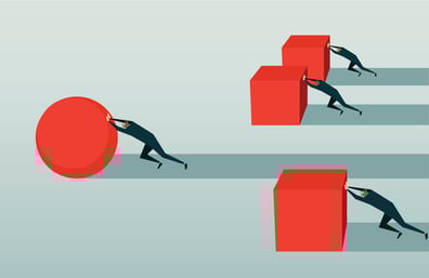 graphic of men pushing blocks and one pushing a circle