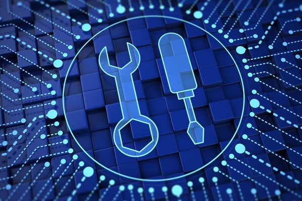 Illustration of a wrench and a screwdriver on a futuristic digital background