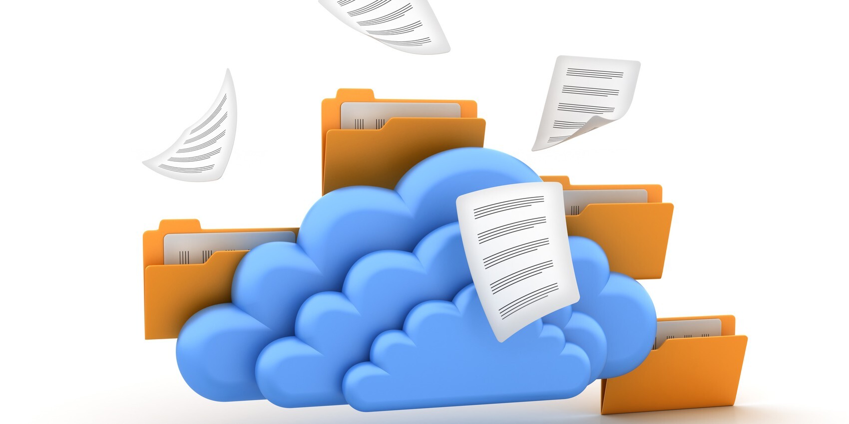 Illustration shows paper documents and standard folders floating around a row of blue clouds. It represents information being uploaded into DocuWare Cloud.