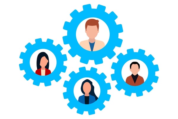 Illustration that shows cartoon images of people within blue gears
