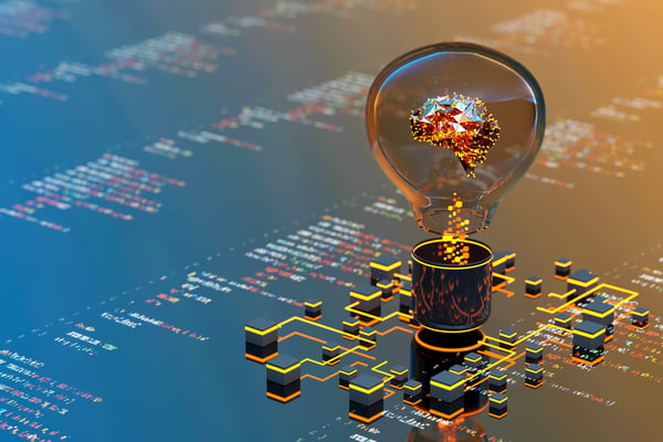lightbulb containing an amber brain overlaying a computer network chart