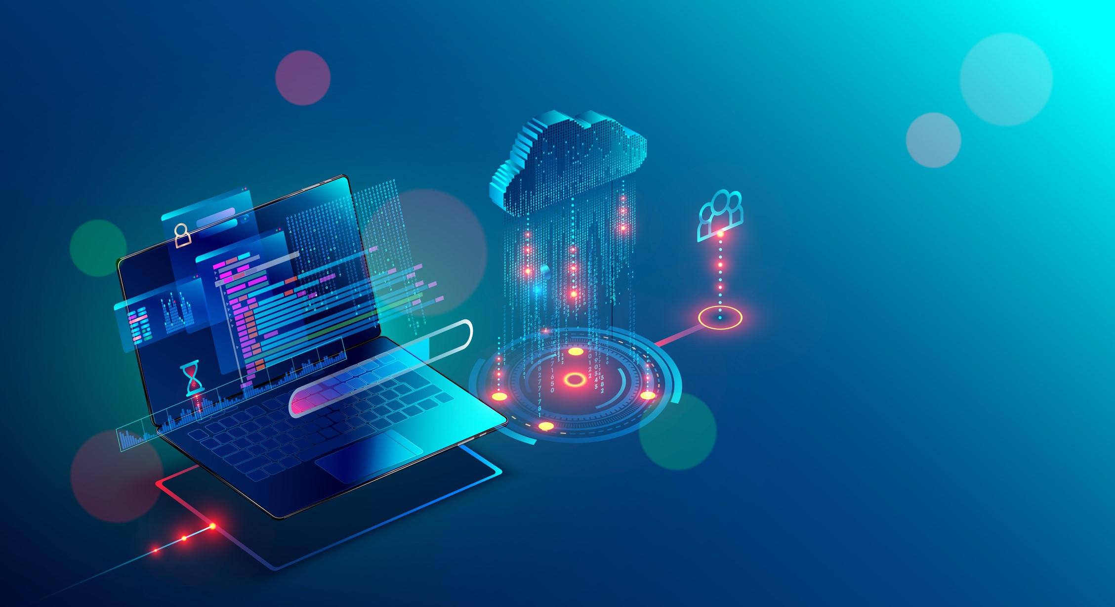 Laptop on blue background with symbols that represent the speed of work done over the internet and the collaboration it enables