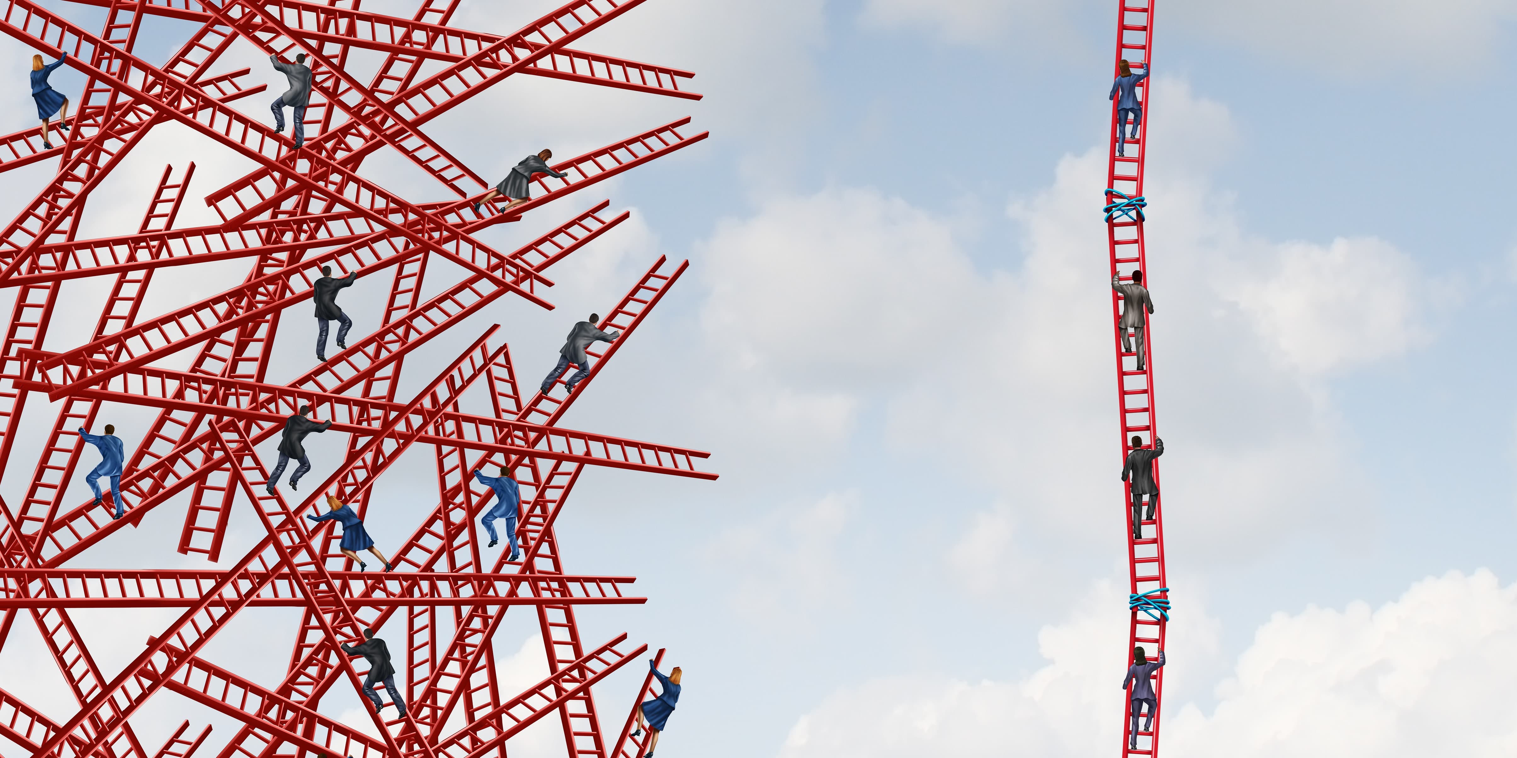 Illustration of people scaling intersecting red ladders on the left side of the drawing while people on the right climb a straight ladder represents simplifying document version control