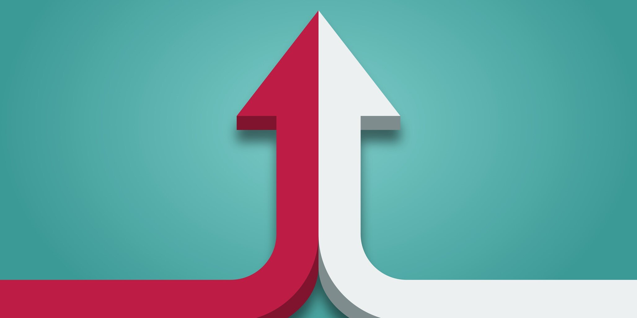 One red arrow and a white one merging on turquoise blue background 