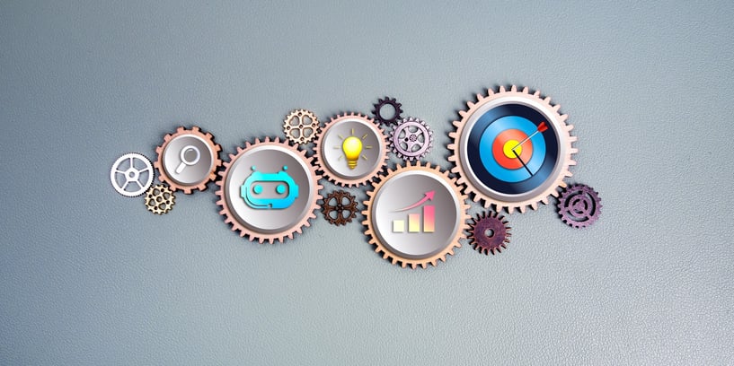 Target goal icon with artificial intelligence search tools, growth graph and ideas symbols on workflow gears,