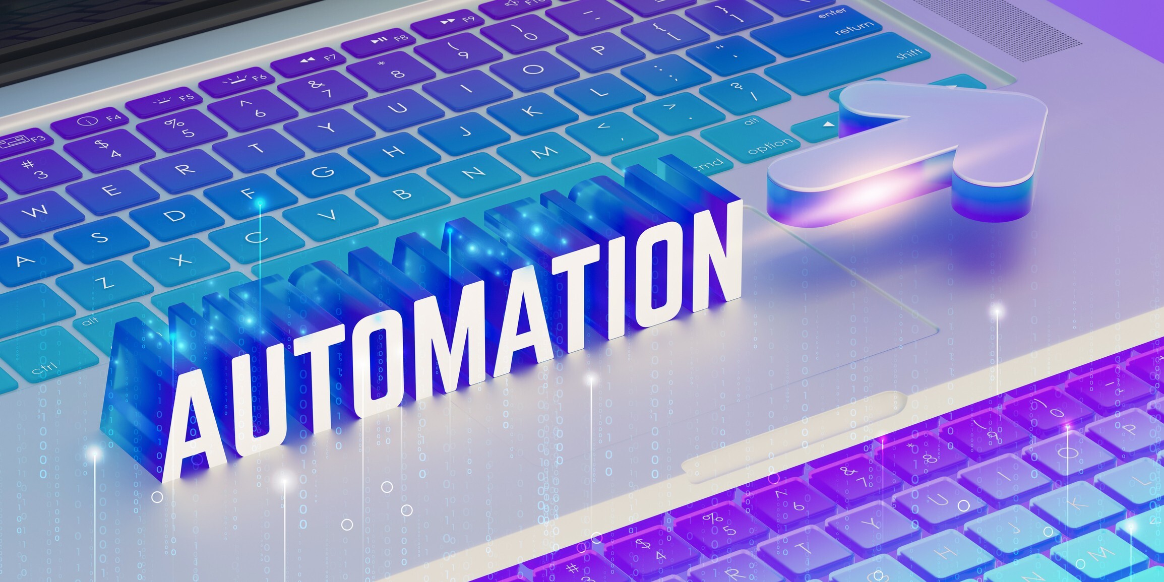 The word automation on a futuristic keyboard in glowing neon purple and blue letters with a binary code overlay