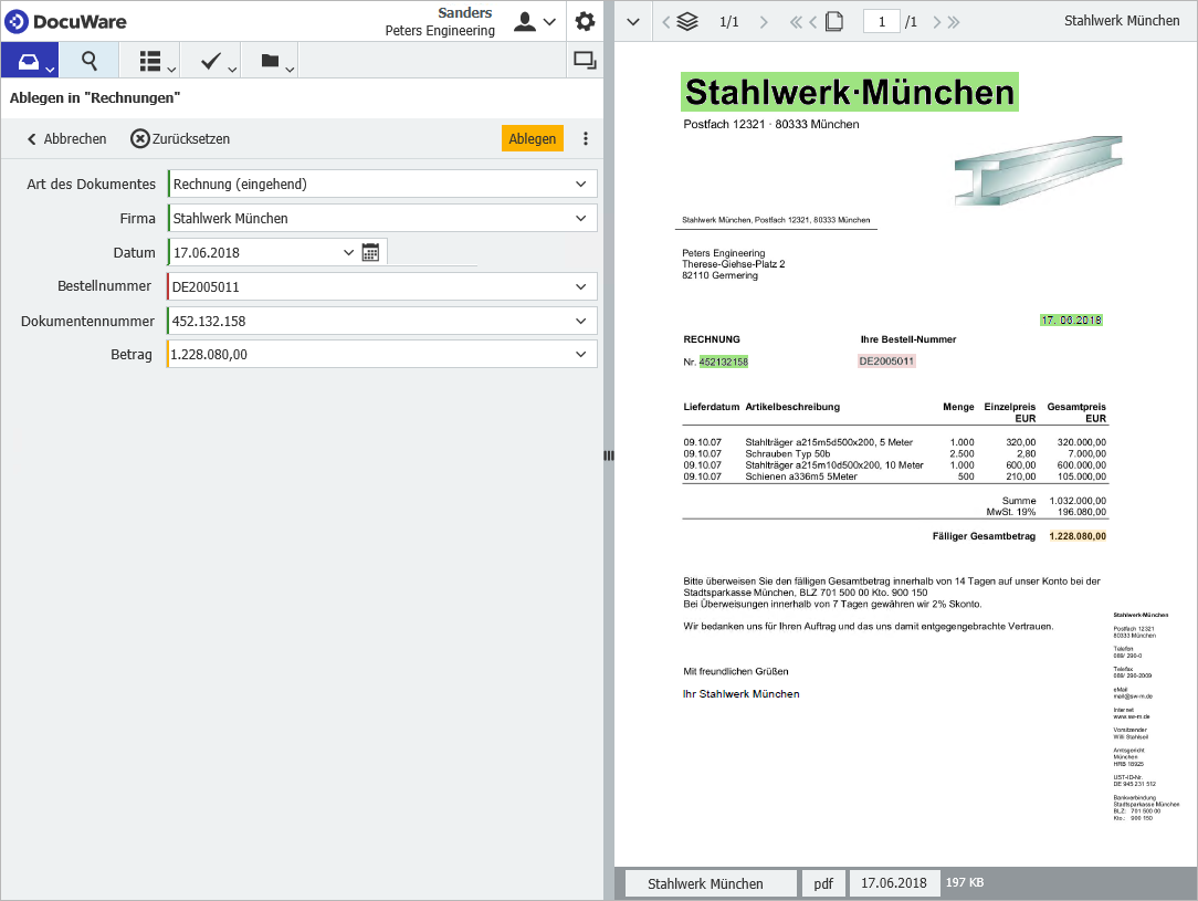 DocuWare Intelligent Indexing von Eingangsrechnungen